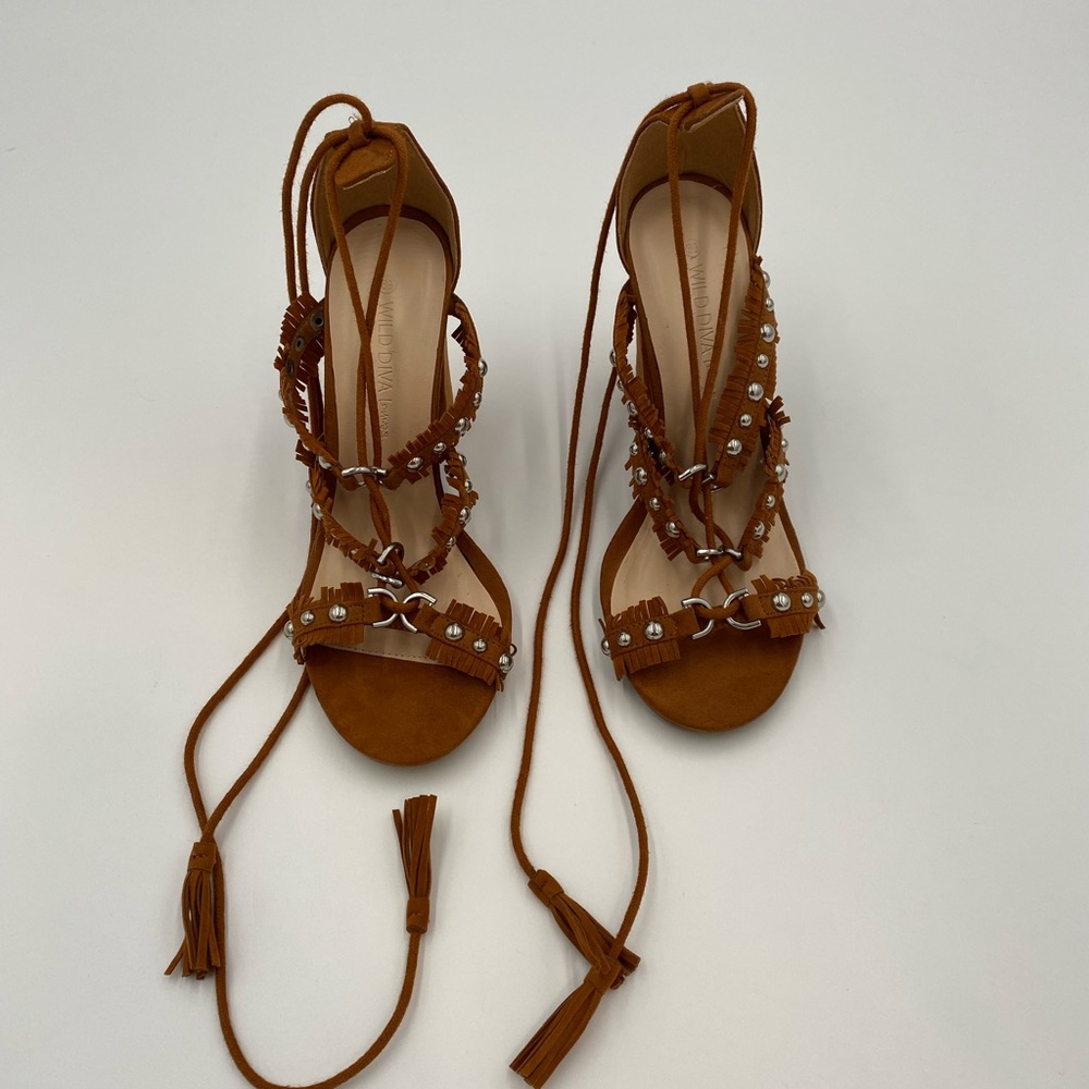 Wild Diva lace up studded fringe heels